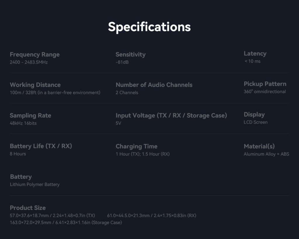 smallrig wireless microphones specs